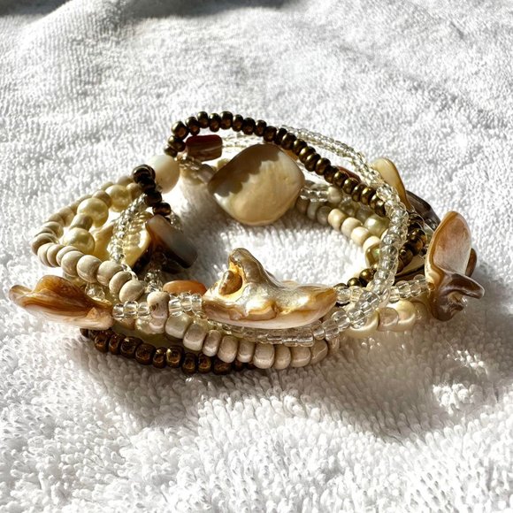 White and Brown Seashell Stretch Multi Layer Bracelet - Picture 2 of 8